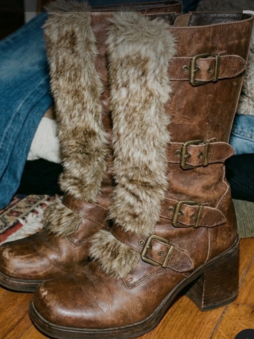 *****IN SEARCH OF*****Faux Fur Trim Brown Mid-Calf Heeled Boots
May be l.e.i.